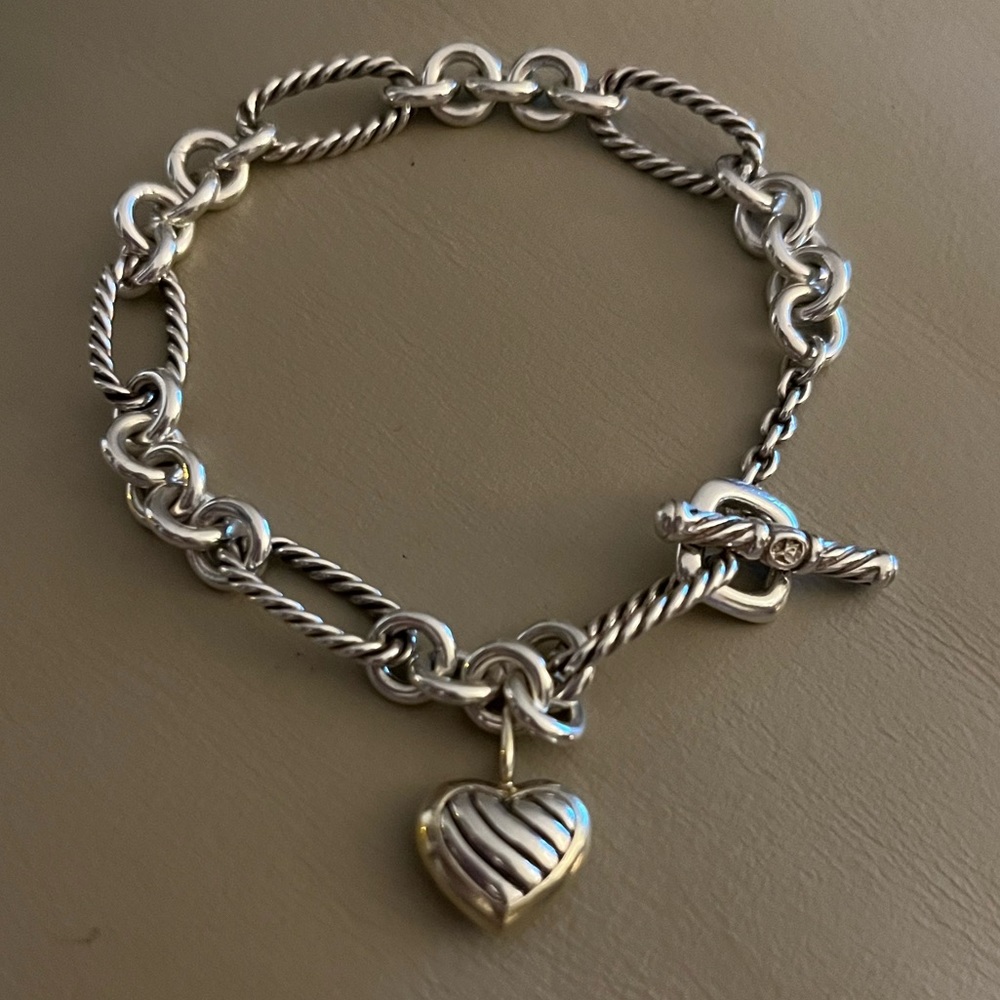 DAVID YURMAN 925 Chain Link Bracelet with 18k Gold Puffed Heart Pendant  EUC